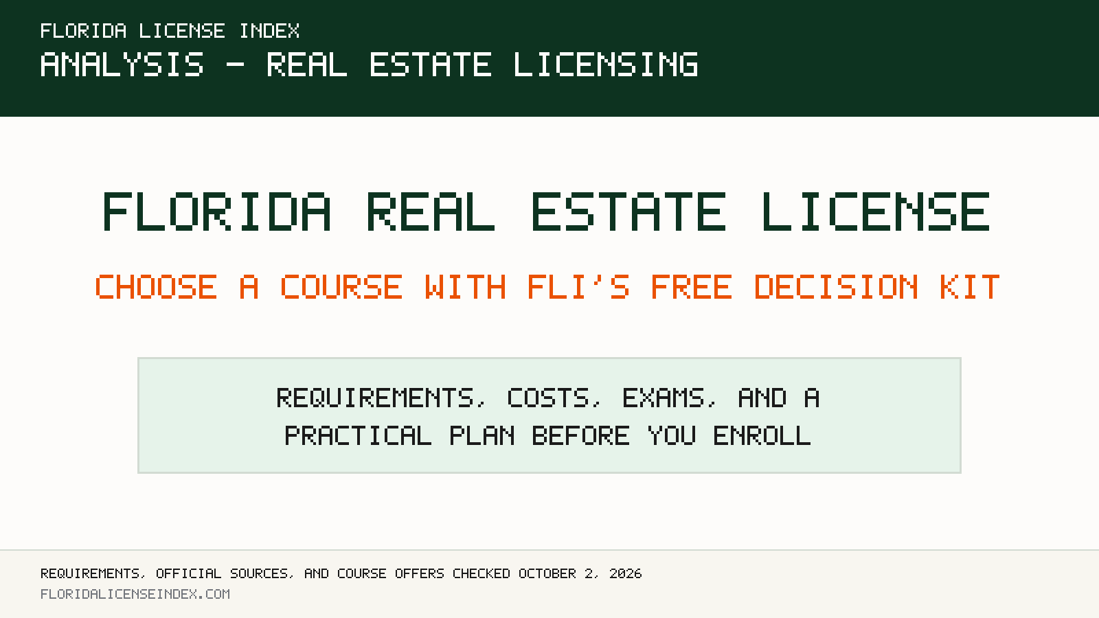Headline card reading Florida Real Estate License, Choose a Course with FLI’s Free Decision Kit: requirements, costs, exams, and a practical plan before you enroll.