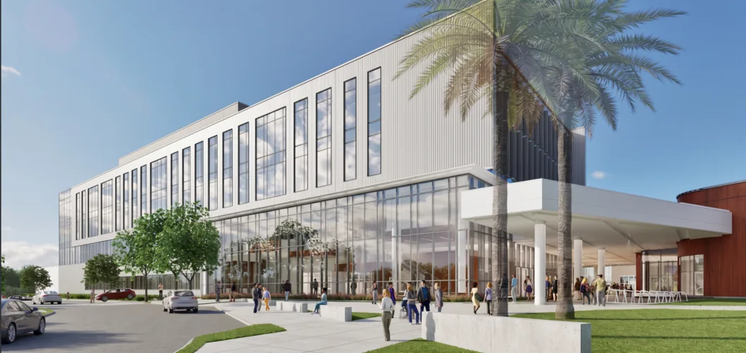 Architectural rendering of FAMU–FSU Engineering Building C, with a glass ground floor and shaded exterior walkways.