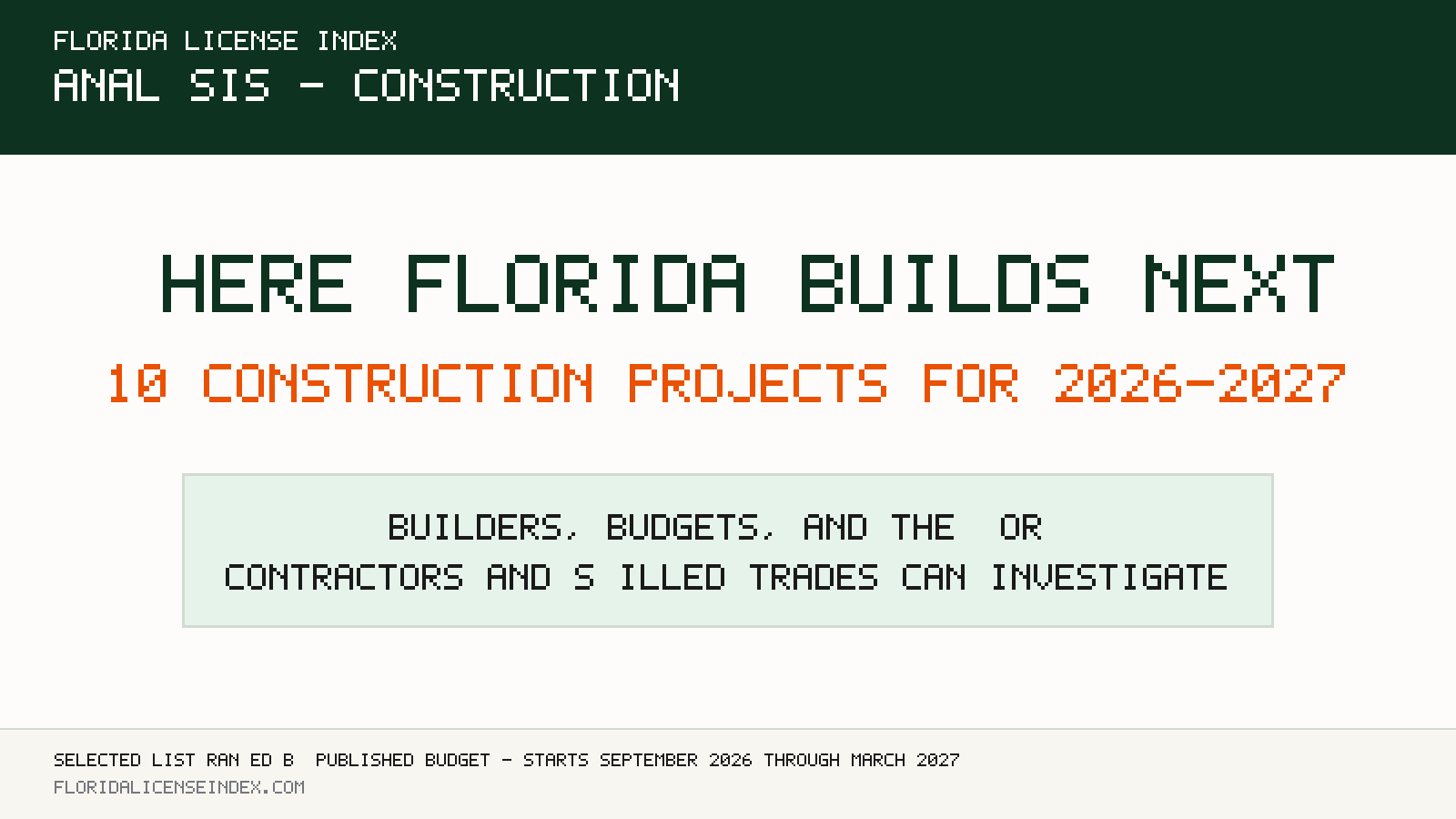 Headline card reading Where Florida Builds Next, 10 Construction Projects for 2026 to 2027: a selected list ranked by published budget, with scheduled starts from September 2026 through March 2027.